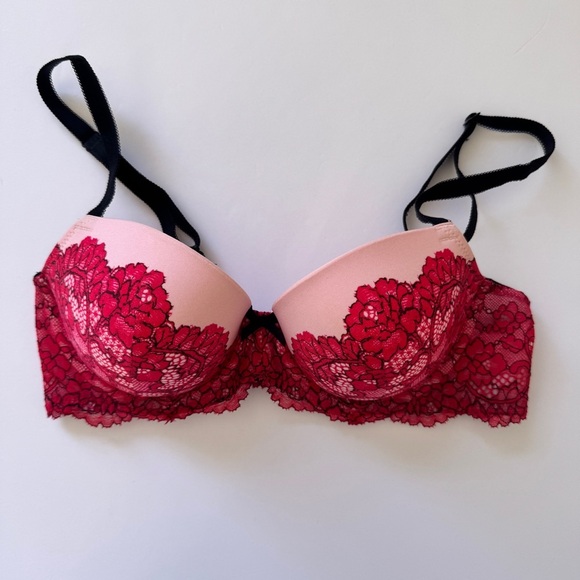 Victoria's Secret Bra Dream Angels Lined Demi Pink Red Lace Black Straps Bow 34C - Picture 12 of 13